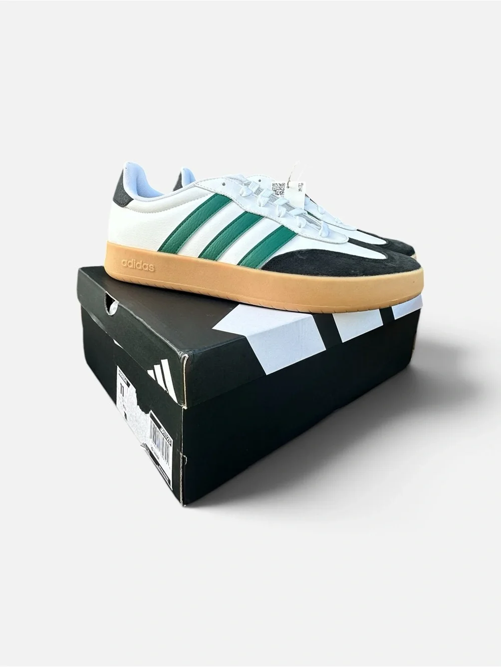 adidas White Sneakers with Green Stripes and Gum Sole